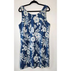 Pineapple Moon 100% Silk Blue Hawaiian Tropical Floral Print Sleeveless Dress, L